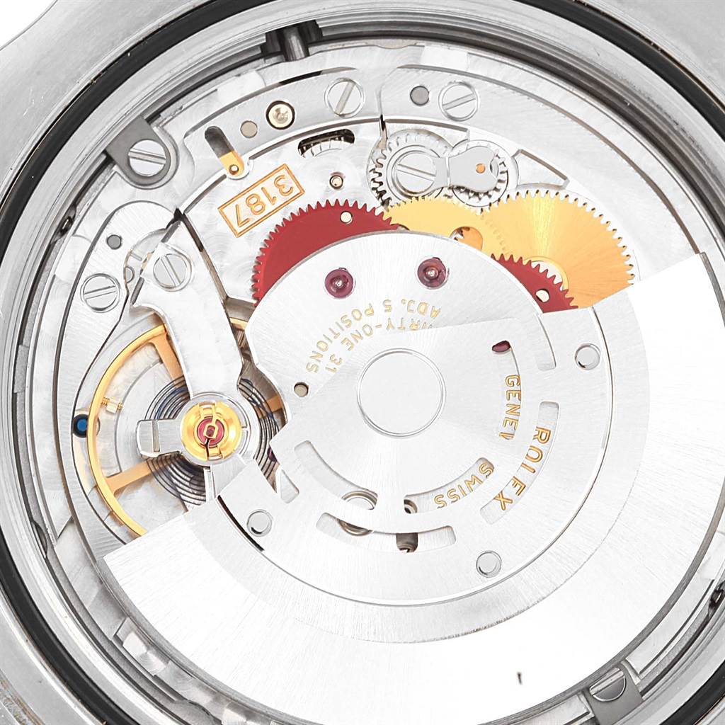 This is a close-up view of the movement mechanism of a Rolex Explorer 216570 Men's Stainless Steel White Dial 216570 Men's Stainless Steel White Dial watch.