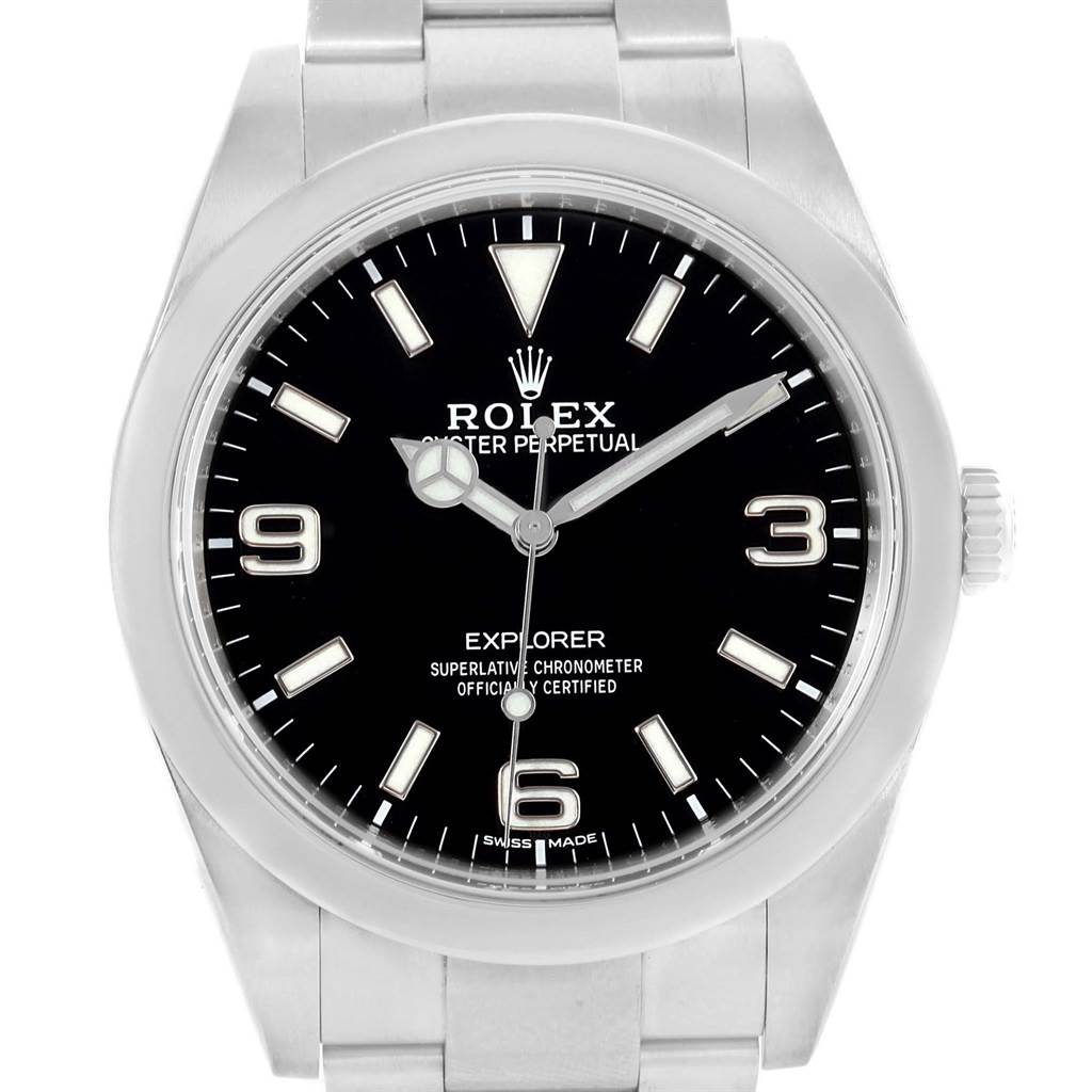 The image shows a frontal view of a Rolex Explorer 214270 Men's Stainless Steel Black Dial 214270 Men's Stainless Steel Black Dial watch, highlighting the face, bezel, crown, and part of the bracelet.