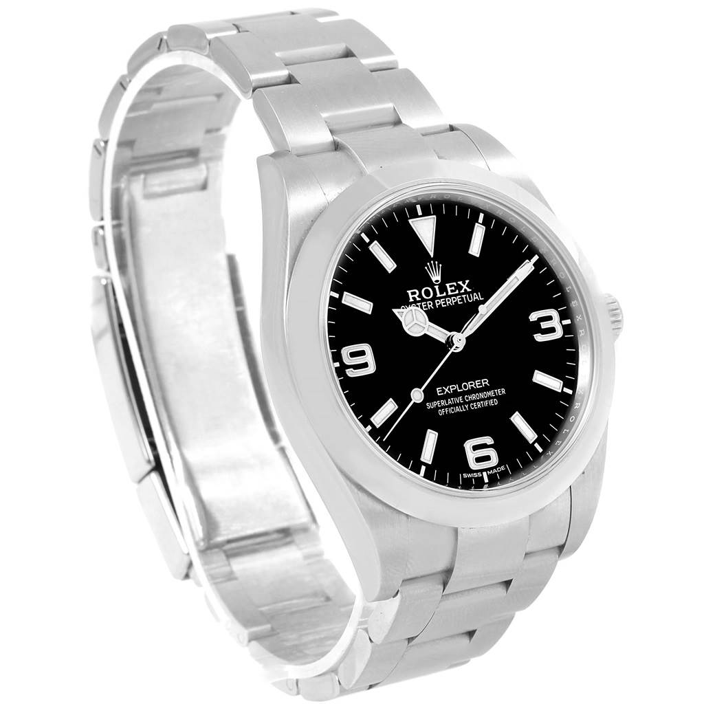 The Rolex Explorer 214270 Men's Stainless Steel Black Dial 214270 Men's Stainless Steel Black Dial watch is shown at a three-quarter angle, displaying the face, case, and partially open bracelet.