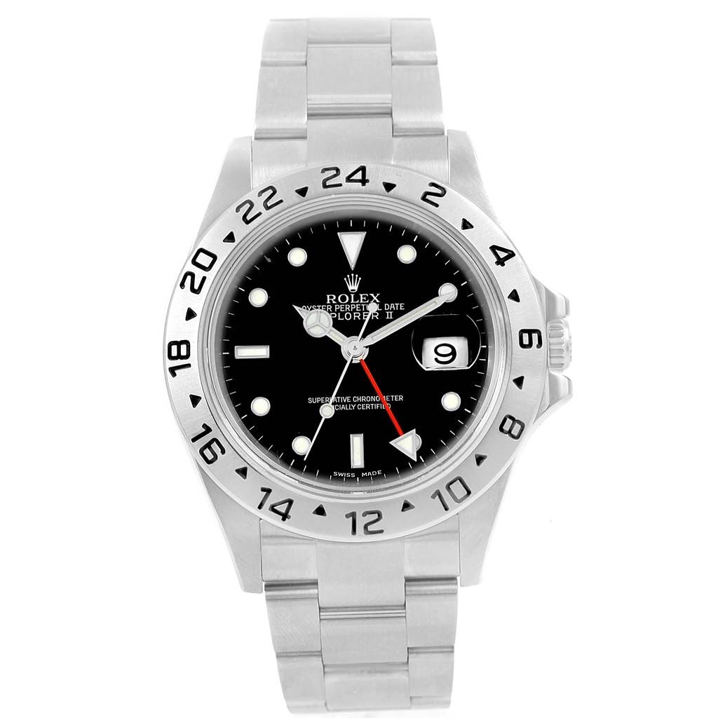 This image shows a frontal view of a Rolex Explorer 16570 Men's Stainless Steel Black Dial 16570 Men's Stainless Steel Black Dial watch with a stainless steel bracelet and numbered bezel.