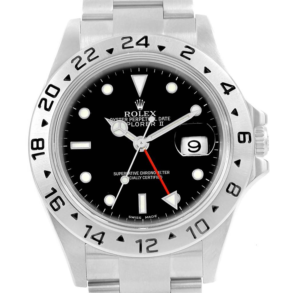 This image shows a frontal view of a Rolex Explorer 16570 Men's Stainless Steel Black Dial 16570 Men's Stainless Steel Black Dial watch, highlighting the dial, bezel, crown, and bracelet.