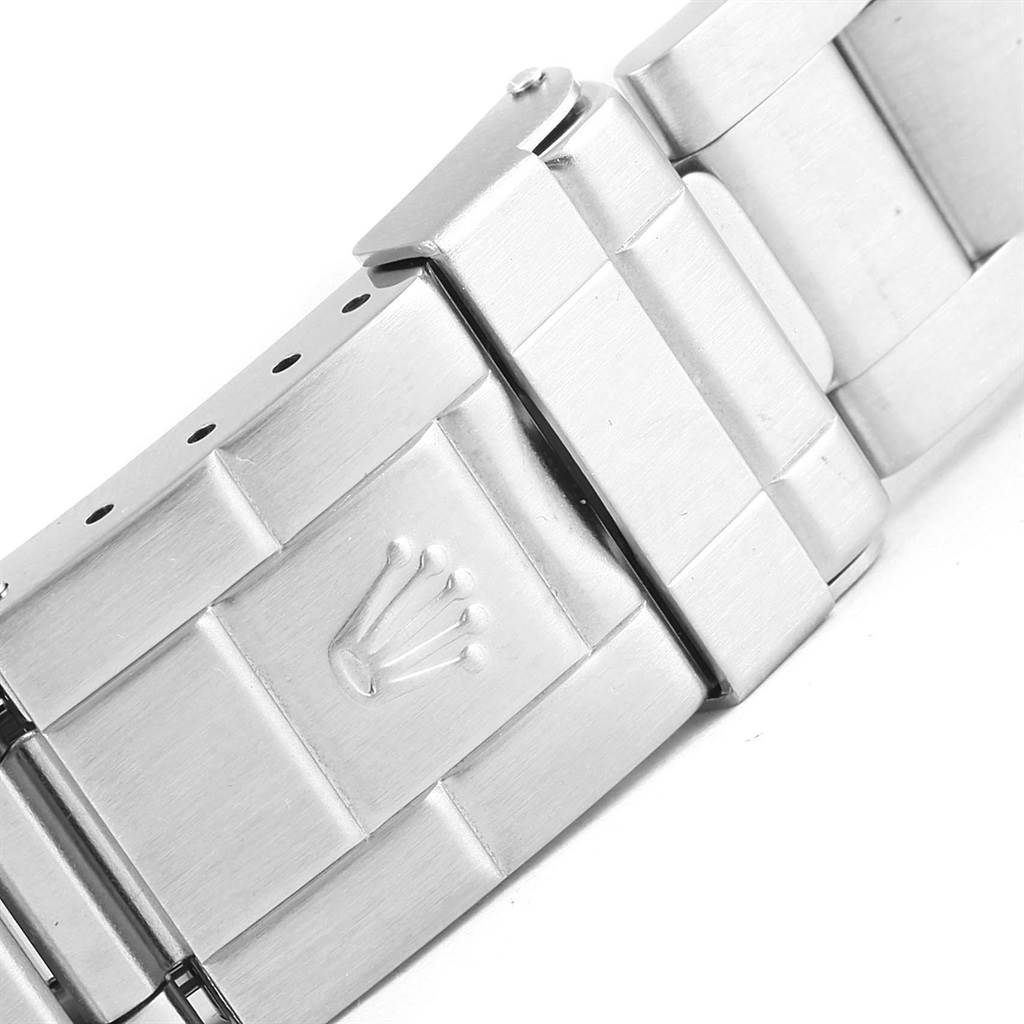 This image shows a close-up angle of the clasp from a Rolex Explorer 16570 Men's Stainless Steel Black Dial 16570 Men's Stainless Steel Black Dial watch bracelet.