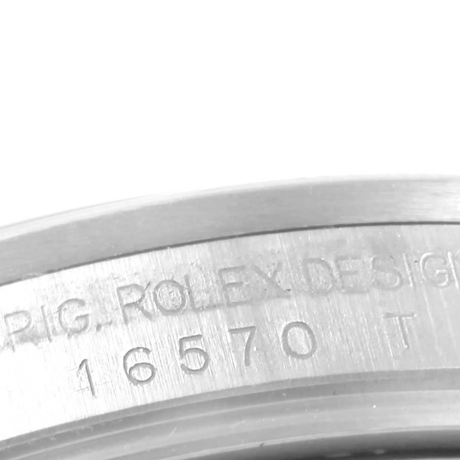 The image shows a macro view of the case’s inner side of a Rolex Explorer 16570 Men's Stainless Steel Black Dial 16570 Men's Stainless Steel Black Dial model, highlighting the engraved model number “16570.”