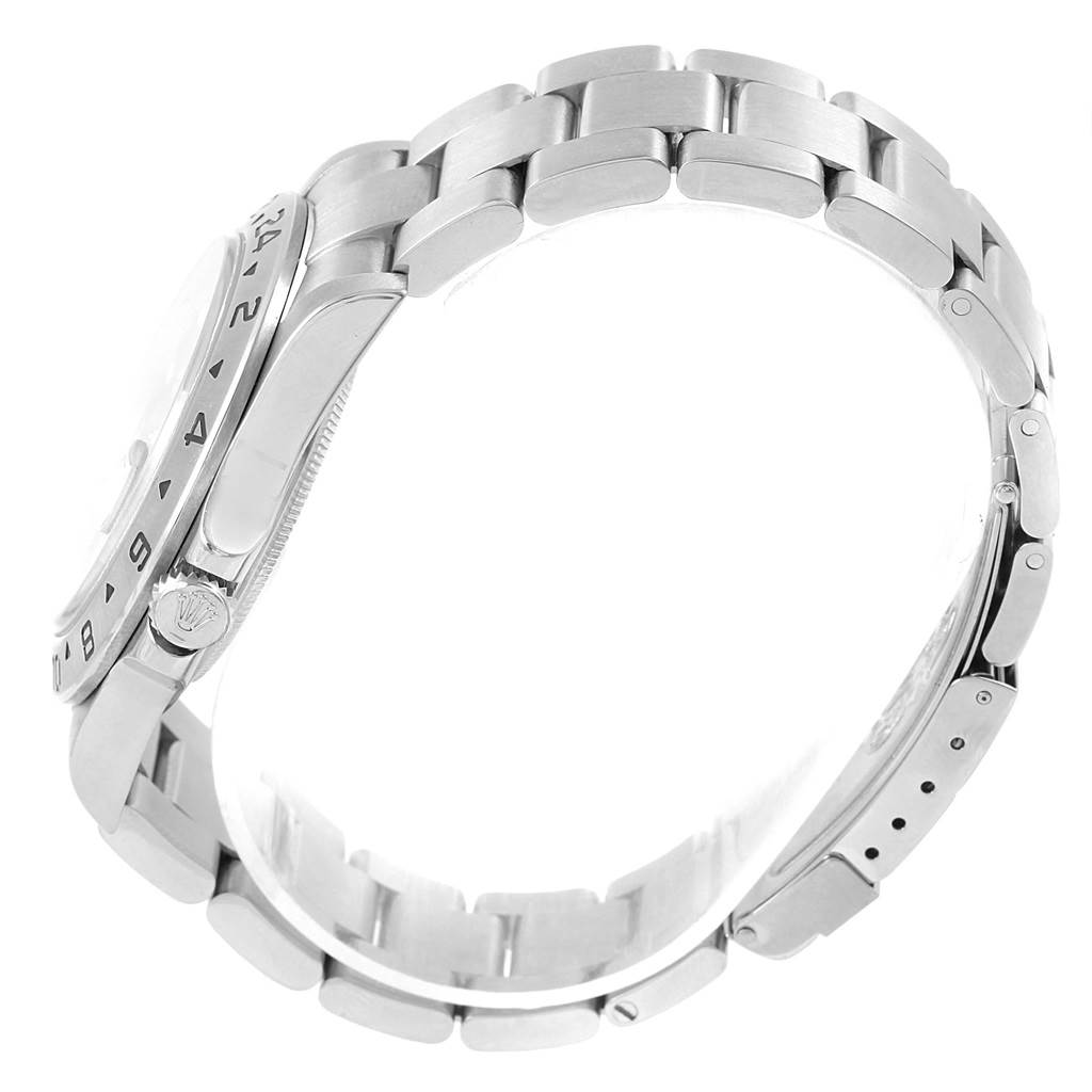 The image shows a side view of the Rolex Explorer 16570 Men's Stainless Steel Black Dial 16570 Men's Stainless Steel Black Dial watch and its stainless steel bracelet.