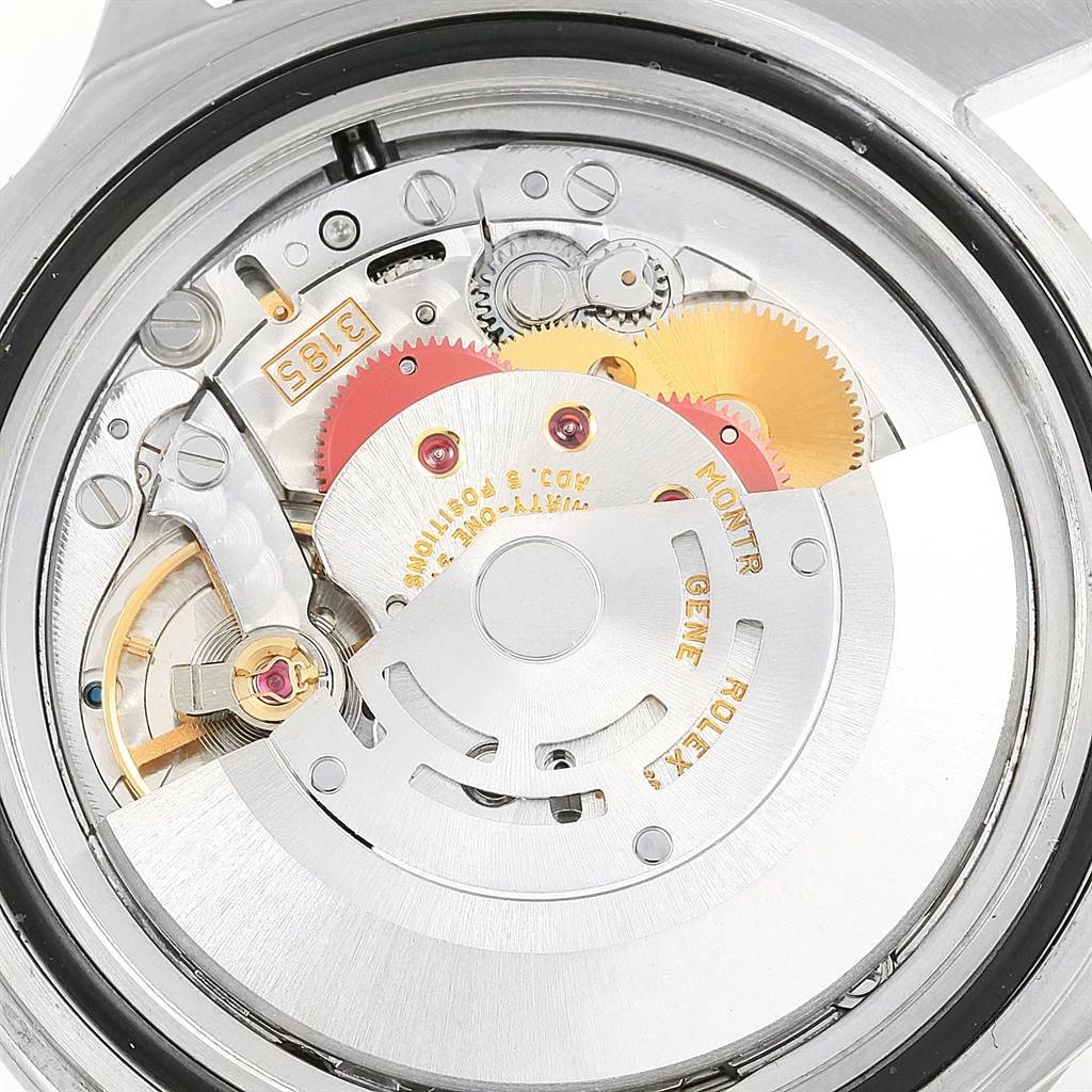 This image shows the inner mechanism and movement of the Rolex Explorer 16570 Men's Stainless Steel Black Dial 16570 Men's Stainless Steel Black Dial watch, taken from a back angle with the case removed.