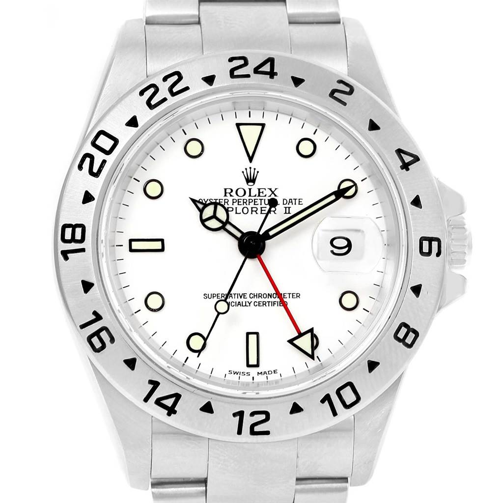 The image shows the front view of a Rolex Explorer 16570 Men's Stainless Steel White Dial 16570 Men's Stainless Steel White Dial watch, highlighting the dial, bezel, and part of the bracelet.