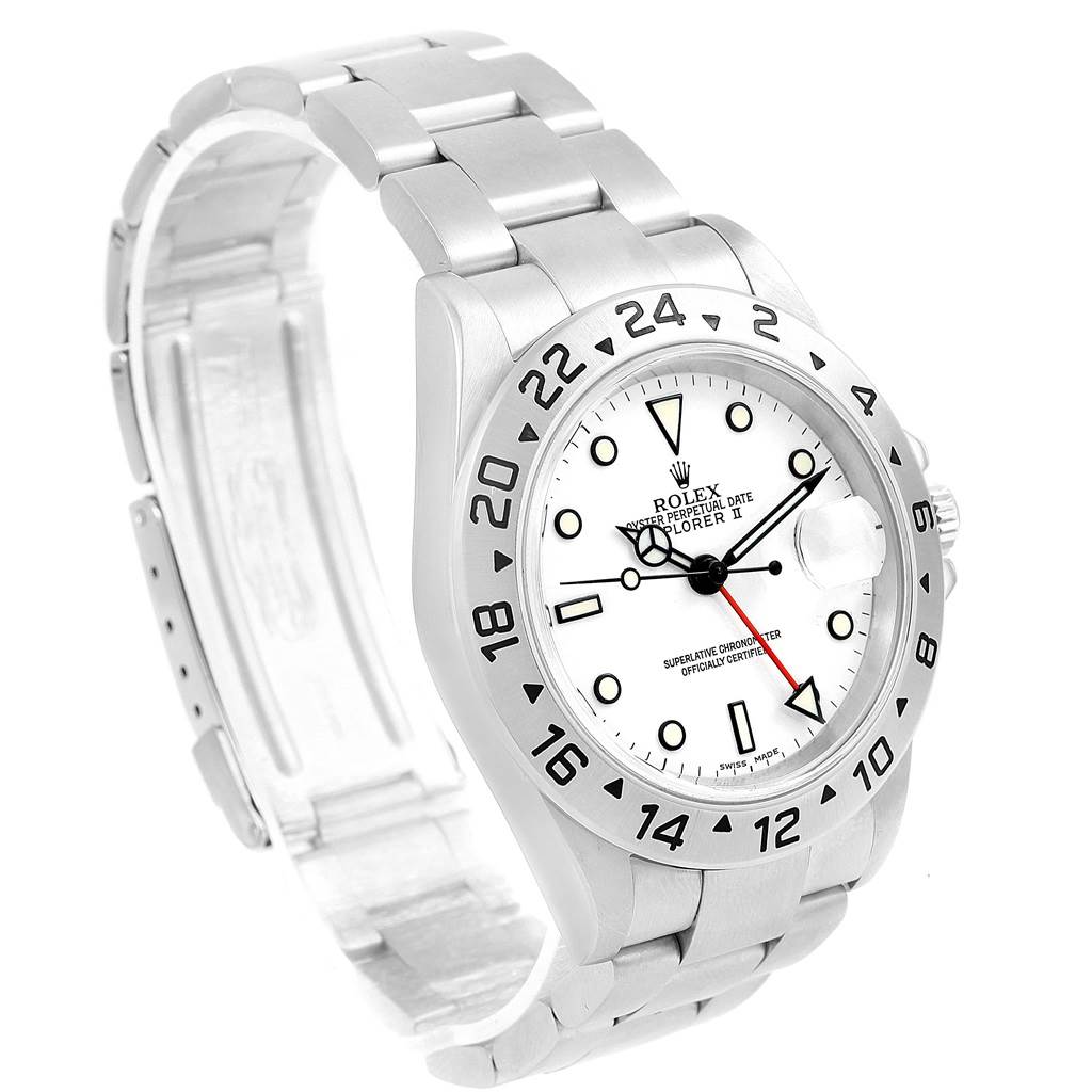 The image shows a Rolex Explorer 16570 Men's Stainless Steel White Dial 16570 Men's Stainless Steel White Dial watch at a slight angle, highlighting the dial, bezel, and part of the bracelet.