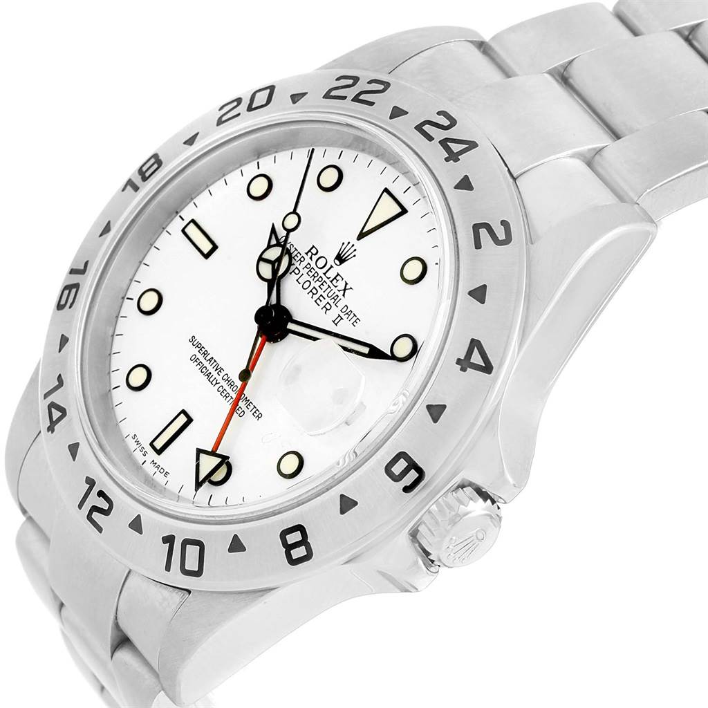 The image shows a Rolex Explorer 16570 Men's Stainless Steel White Dial 16570 Men's Stainless Steel White Dial model watch angled to display the bezel, crown, and bracelet.