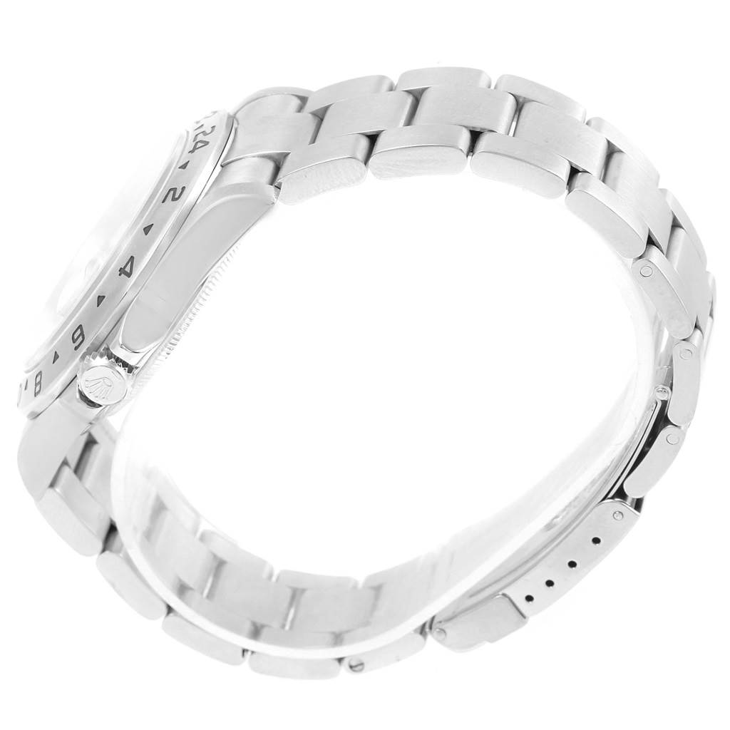 The image shows a side view of the bracelet and bezel of a Rolex Explorer 16570 Men's Stainless Steel White Dial 16570 Men's Stainless Steel White Dial watch.