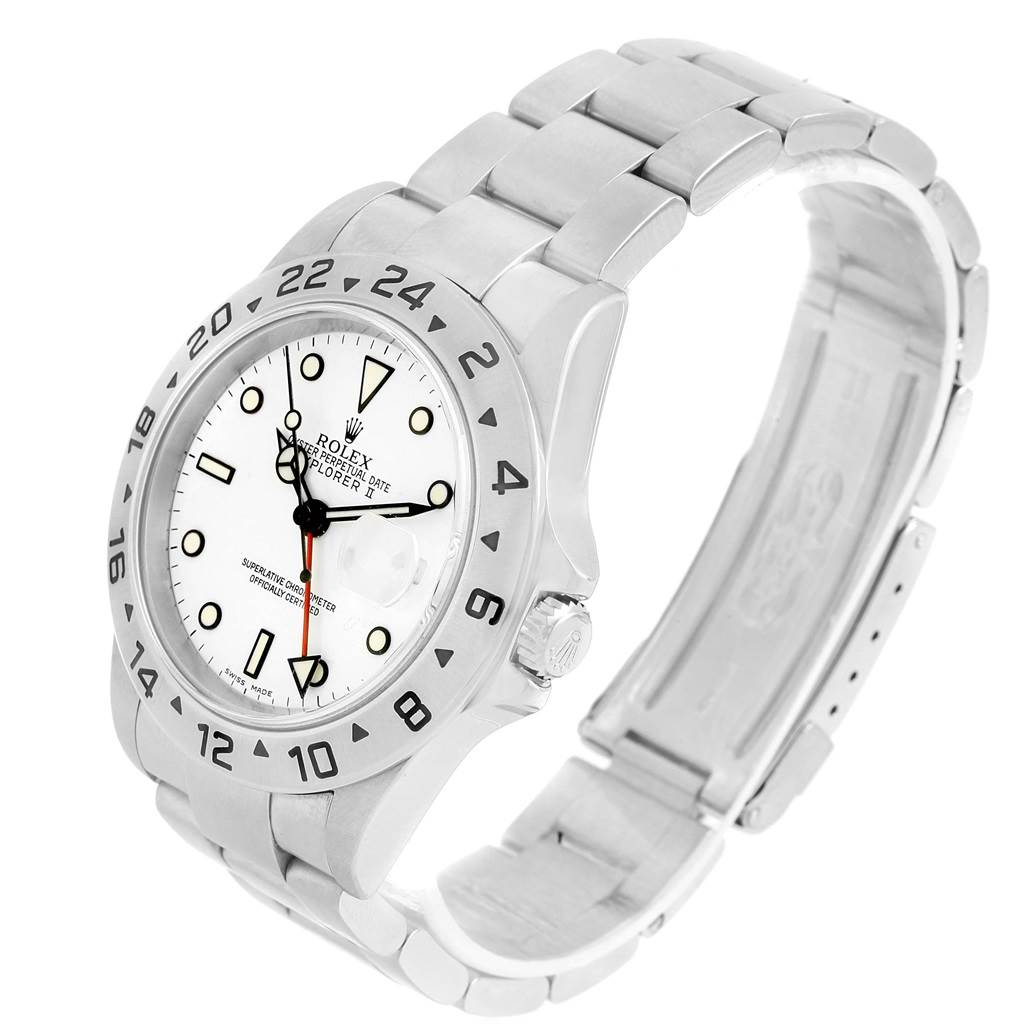 The Rolex Explorer 16570 Men's Stainless Steel White Dial 16570 Men's Stainless Steel White Dial watch is shown at a three-quarter angle, displaying the dial, bezel, crown, and bracelet.