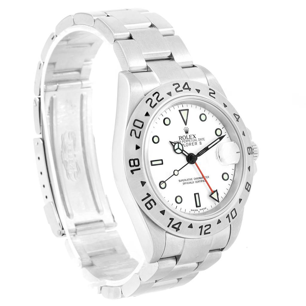 This Rolex Explorer 16570 Men's Stainless Steel White Dial 16570 Men's Stainless Steel White Dial watch is shown at a three-quarter angle, highlighting the face, bezel, crown, and part of the bracelet.