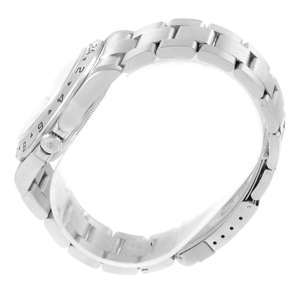 The image shows a side profile view of the Rolex Explorer 16570 Men's Stainless Steel White Dial 16570 Men's Stainless Steel White Dial watch, highlighting its bracelet and clasp.