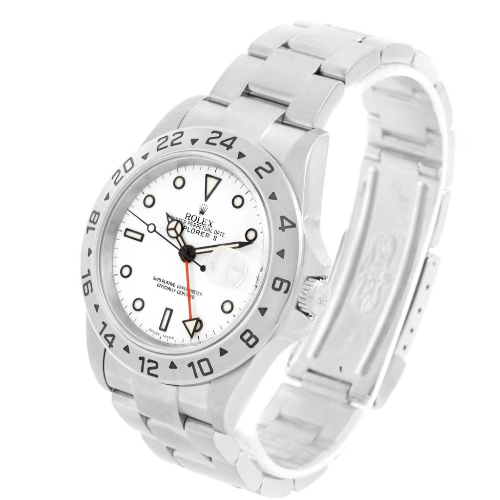 This image shows a Rolex Explorer 16570 Men's Stainless Steel White Dial 16570 Men's Stainless Steel White Dial watch at a three-quarter angle, highlighting the face, bezel, crown, and bracelet.