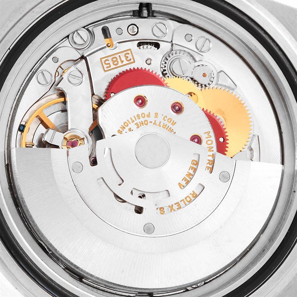 This is an internal view of a Rolex Explorer 16570 Men's Stainless Steel White Dial 16570 Men's Stainless Steel White Dial model, showcasing its intricate mechanical movement components.