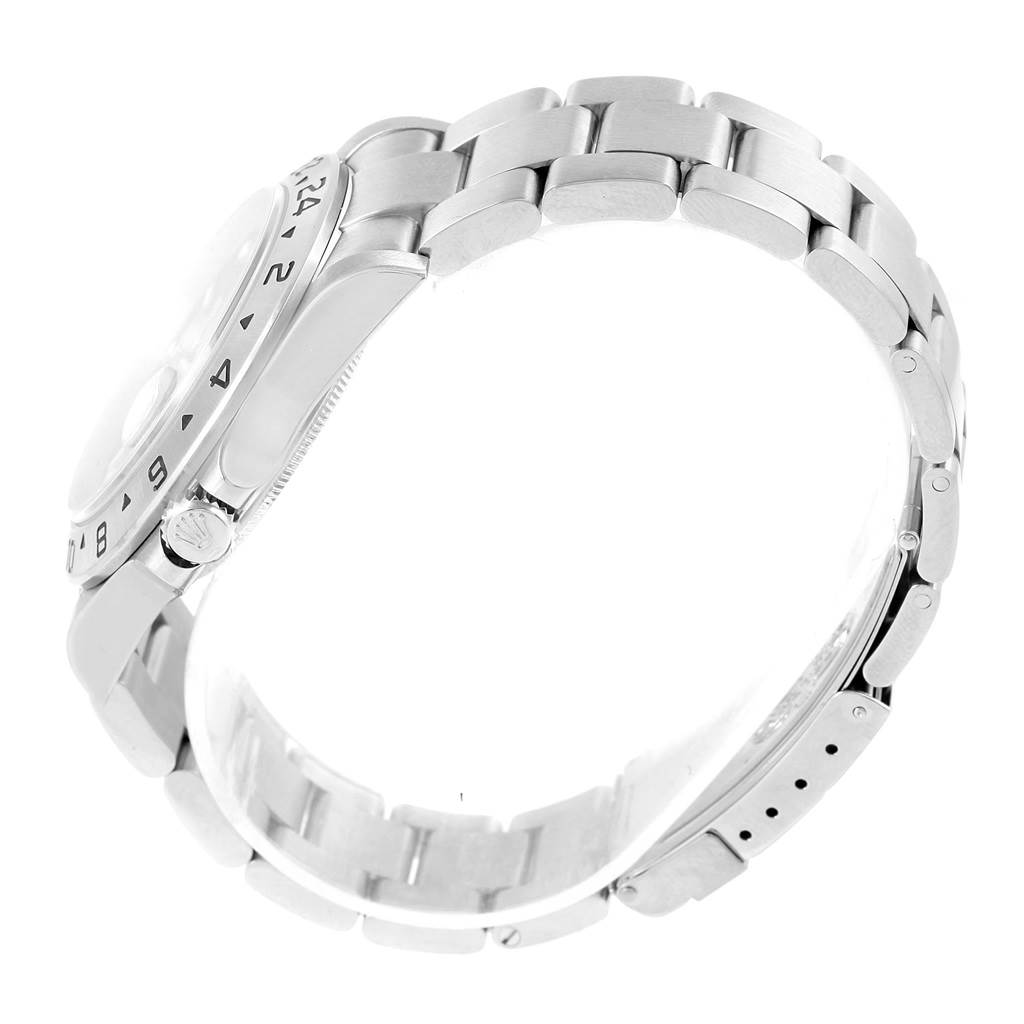 This image shows a side profile view of the Rolex Explorer 16570 Men's Stainless Steel Black Dial 16570 Men's Stainless Steel Black Dial watch, highlighting the case, bezel, and bracelet.