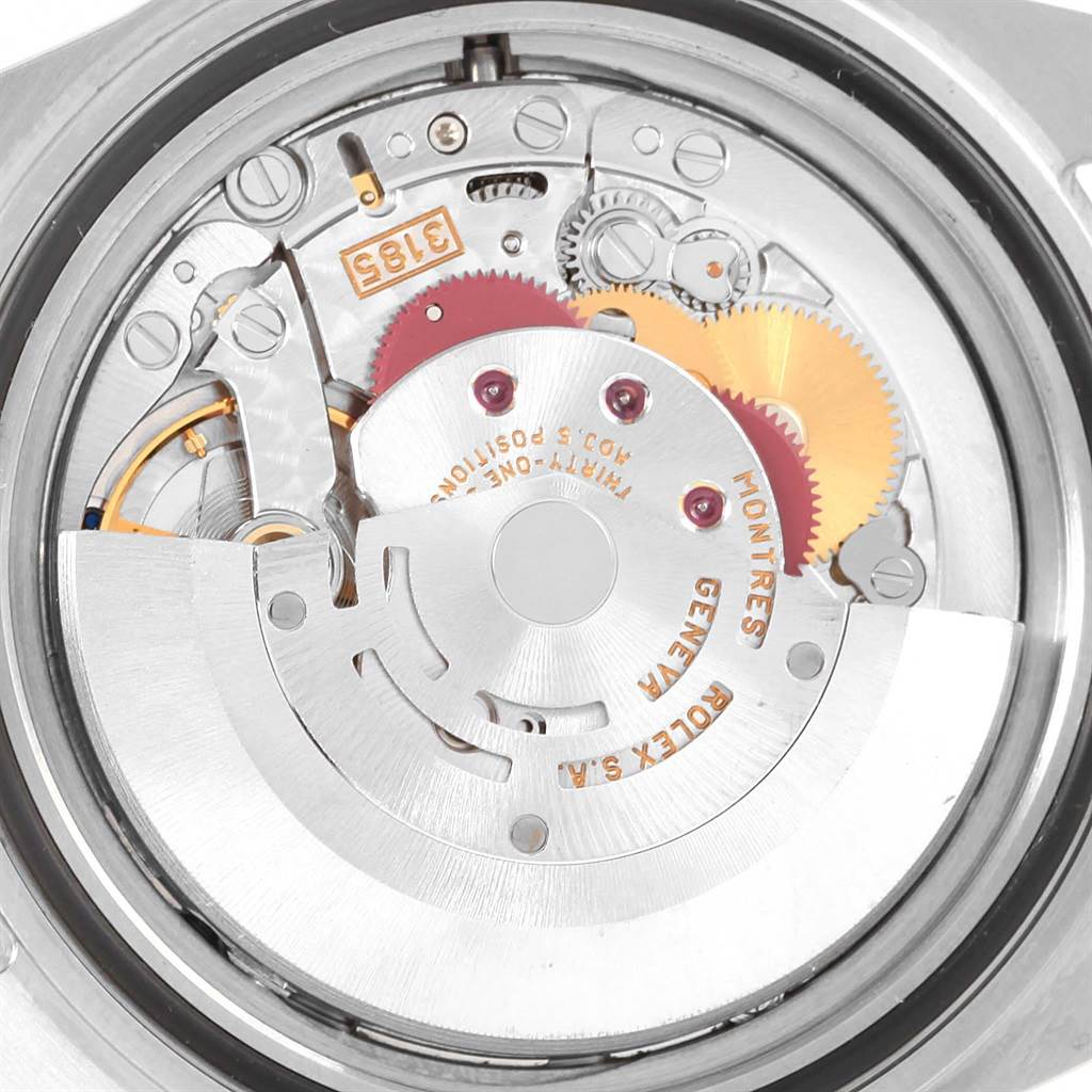 This image shows the internal mechanism and components of a Rolex Explorer 16570 Men's Stainless Steel Black Dial 16570 Men's Stainless Steel Black Dial watch from a rear perspective.