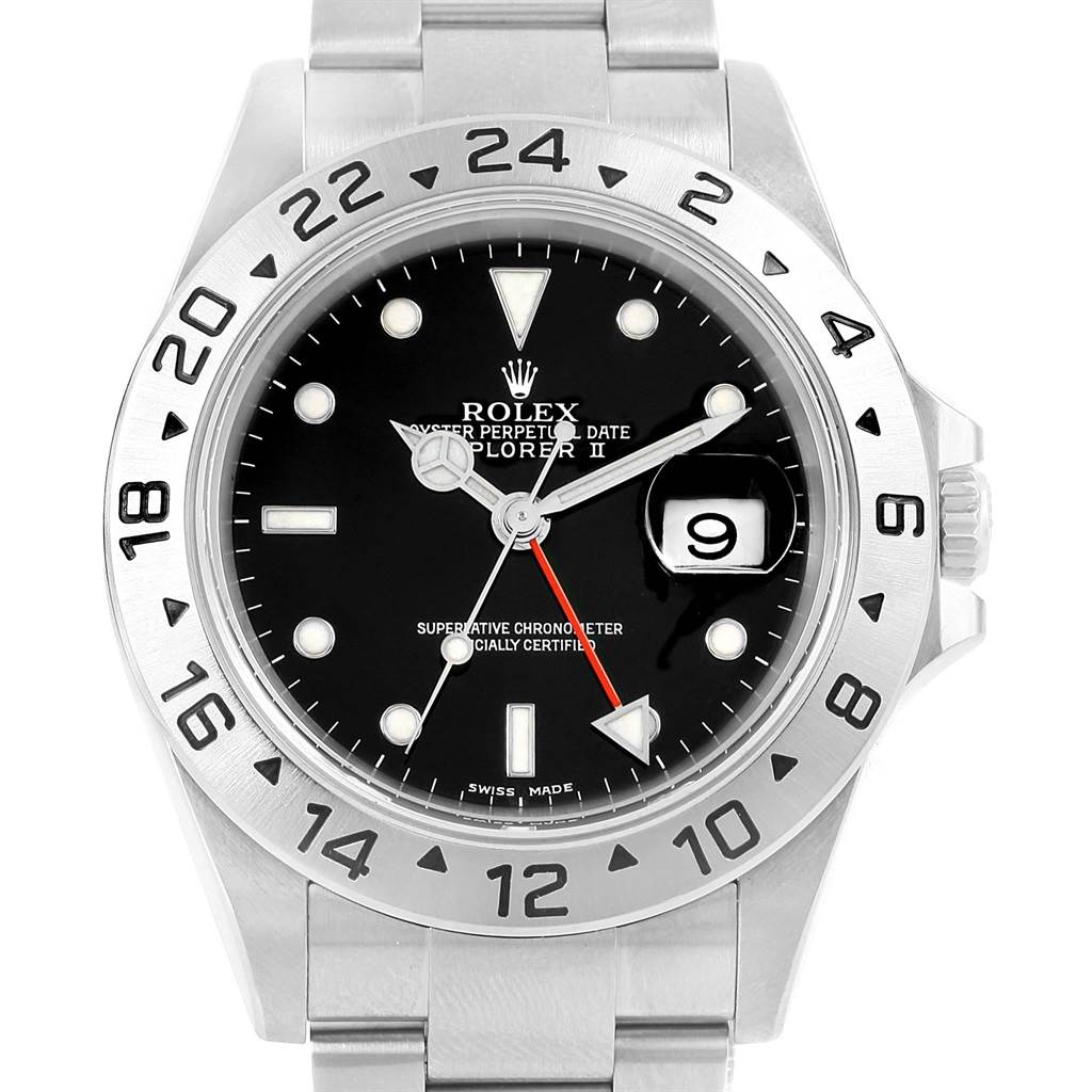 The image shows a front view of the Rolex Explorer 16570 Men's Stainless Steel Black Dial 16570 Men's Stainless Steel Black Dial watch, highlighting its dial, bezel, and bracelet.