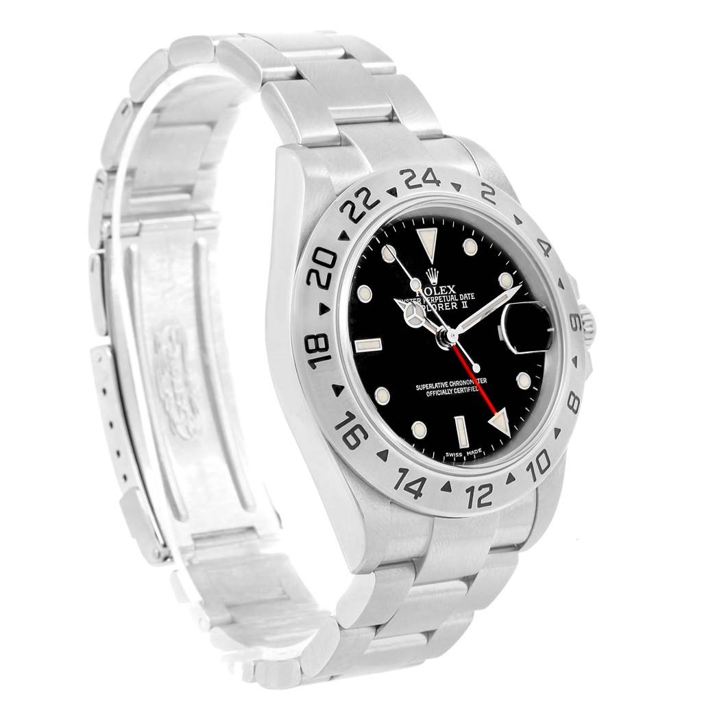 This Rolex Explorer 16570 Men's Stainless Steel Black Dial 16570 Men's Stainless Steel Black Dial watch is shown at a slight angle, highlighting its dial, bezel, crown, and part of the bracelet.