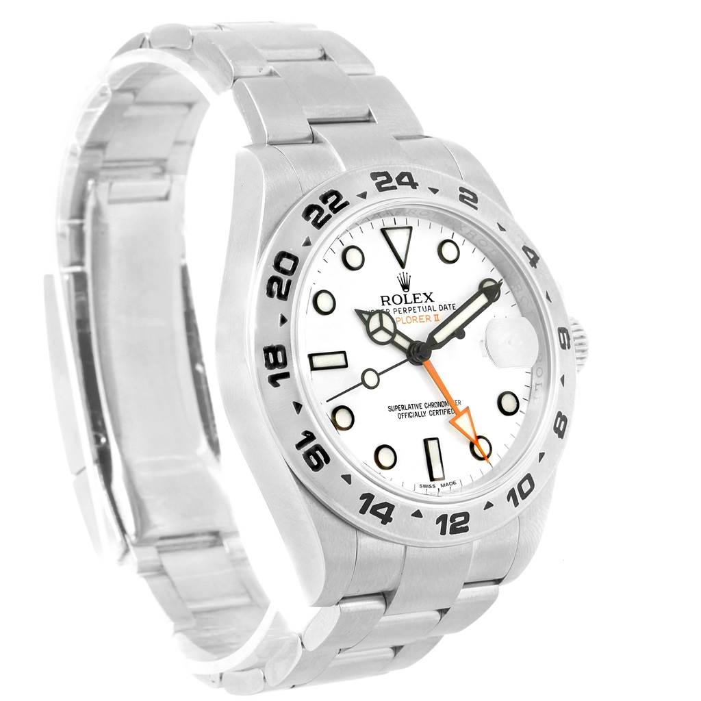 The Rolex Explorer 216570 Men's Stainless Steel White Dial 216570 Men's Stainless Steel White Dial watch is shown at an angle displaying its face, bezel, crown, and bracelet.