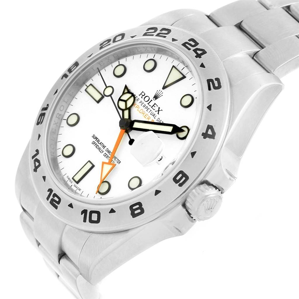 The image shows a side angle of the Rolex Explorer 216570 Men's Stainless Steel White Dial 216570 Men's Stainless Steel White Dial watch, highlighting the face, bezel, crown, and part of the bracelet.