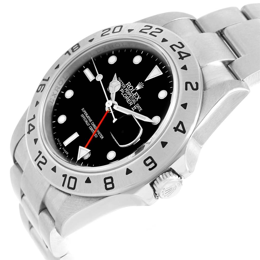 The image shows a side angle of the Rolex Explorer 16677 Men's Stainless Steel Black Dial 16677 Men's Stainless Steel Black Dial watch highlighting the bezel, crown, and part of the bracelet.