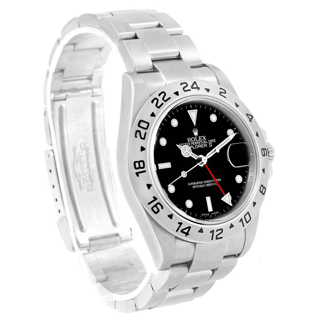 The image shows a Rolex Explorer 16677 Men's Stainless Steel Black Dial 16677 Men's Stainless Steel Black Dial model watch from an angled side view, highlighting its face, bezel, and bracelet.