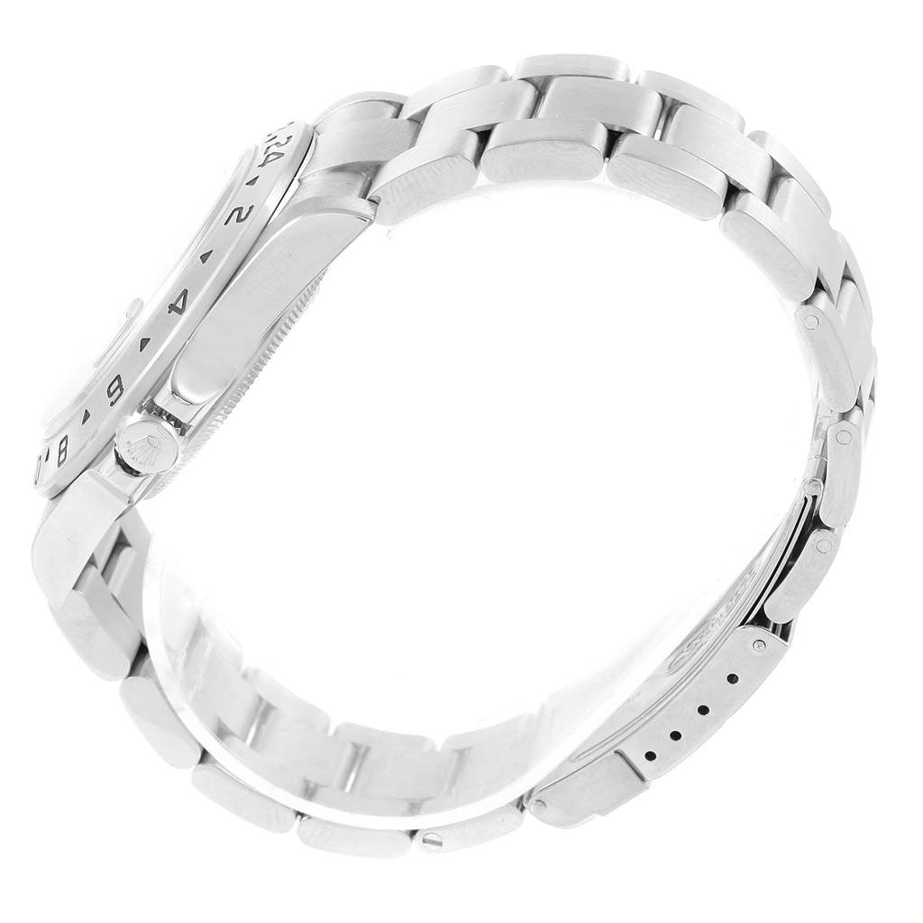 The image shows a side view of a Rolex Explorer 16677 Men's Stainless Steel Black Dial 16677 Men's Stainless Steel Black Dial watch, highlighting the bracelet, clasp, and part of the bezel.