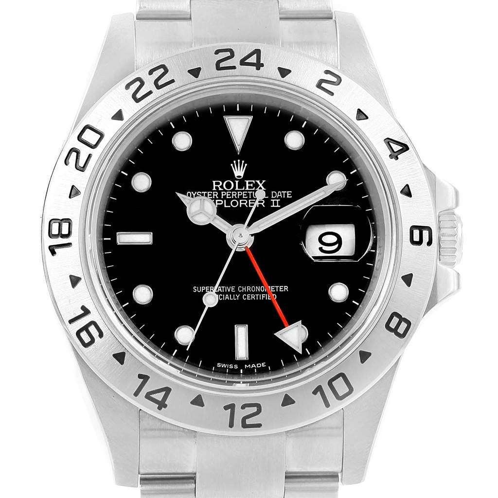 The image shows a front view of the Rolex Explorer 16677 Men's Stainless Steel Black Dial 16677 Men's Stainless Steel Black Dial model, highlighting its black dial, bezel, crown, and bracelet.