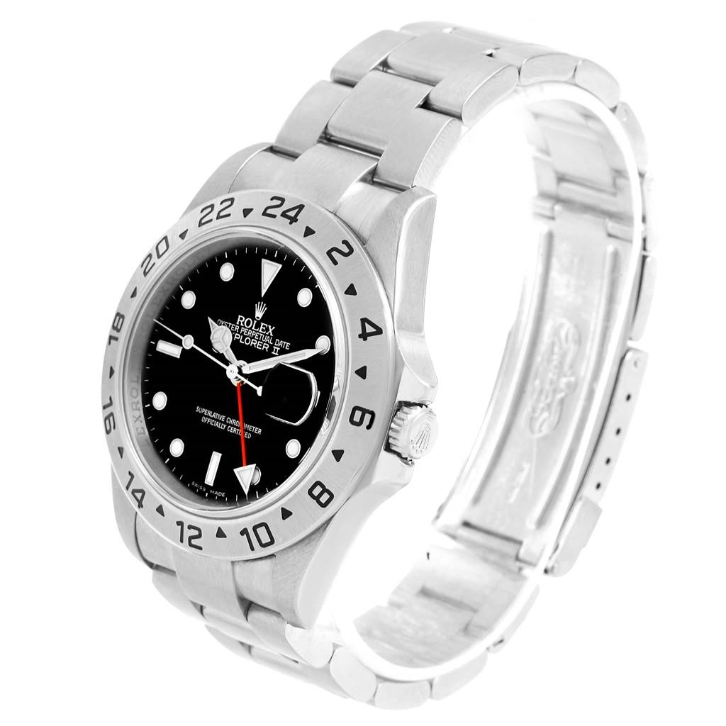 The Rolex Explorer 16677 Men's Stainless Steel Black Dial 16677 Men's Stainless Steel Black Dial watch is shown at a slight angle, featuring its face, bracelet, bezel, and crown.