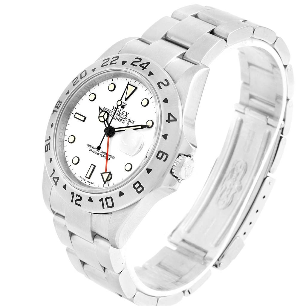 The image shows a Rolex Explorer 16570 Men's Stainless Steel White Dial 16570 Men's Stainless Steel White Dial watch from an angled side view, displaying its dial, bezel, crown, and bracelet.