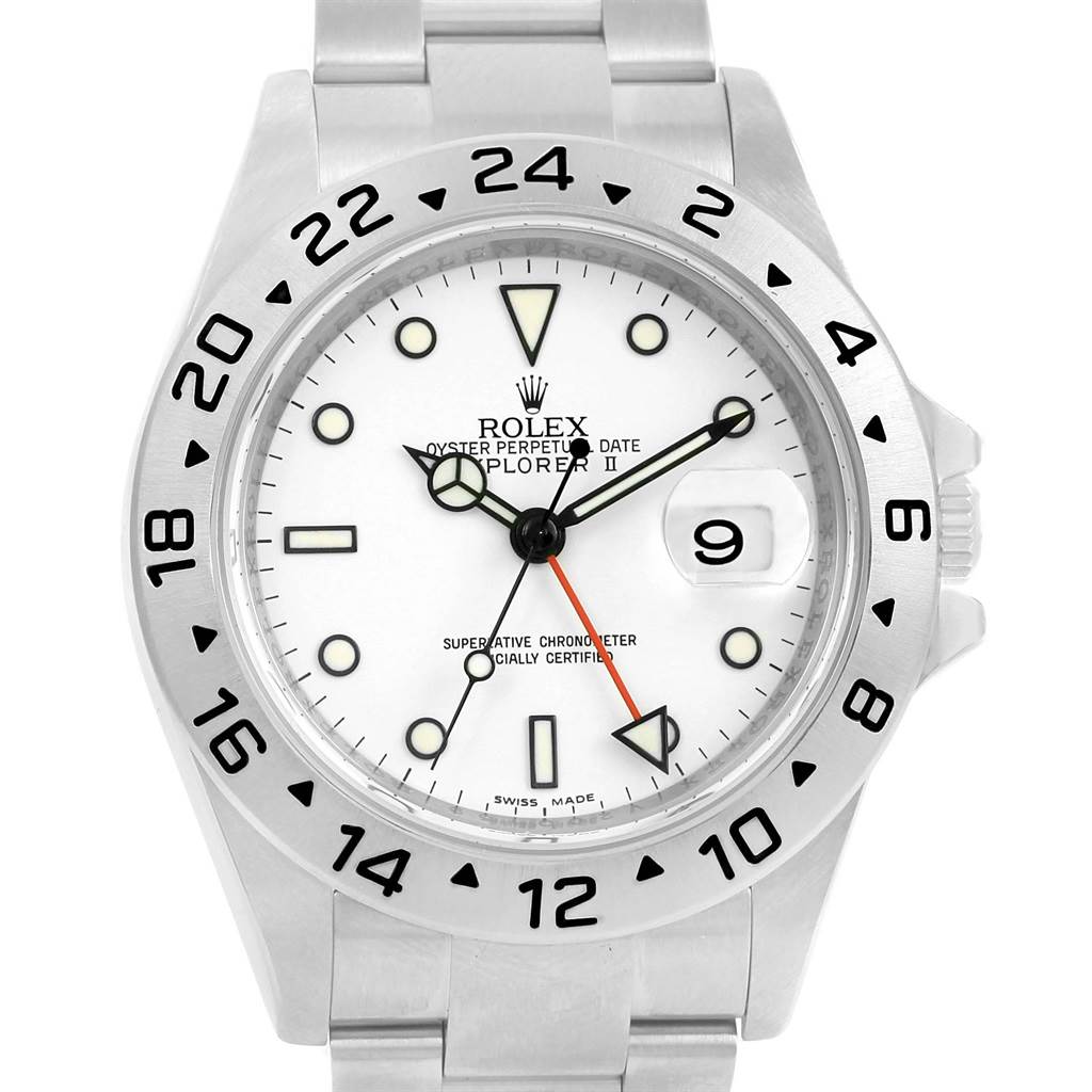 The image shows a front view of a Rolex Explorer 16570 Men's Stainless Steel White Dial 16570 Men's Stainless Steel White Dial watch with a white dial and stainless steel band.