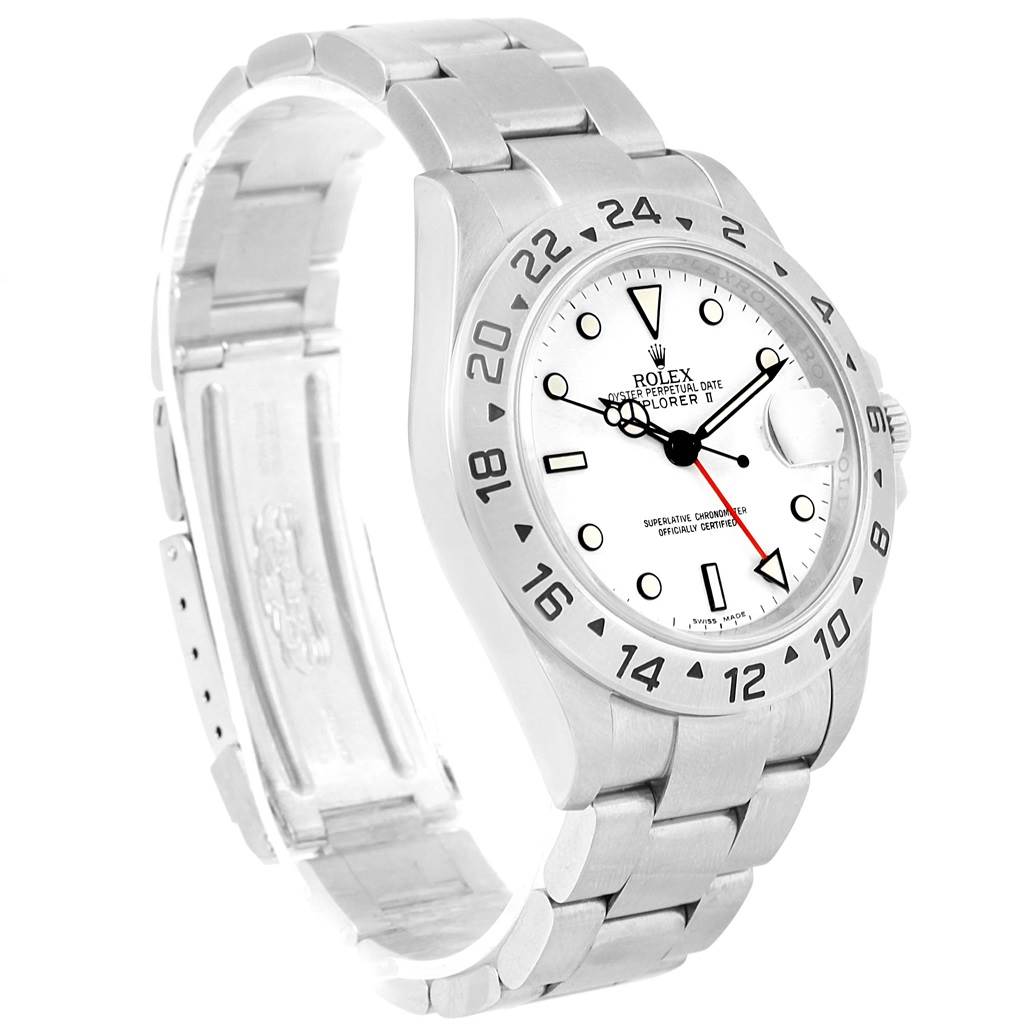 The Rolex Explorer 16570 Men's Stainless Steel White Dial 16570 Men's Stainless Steel White Dial watch is shown at a three-quarter angle, displaying its face, bezel, crown, and metal bracelet.