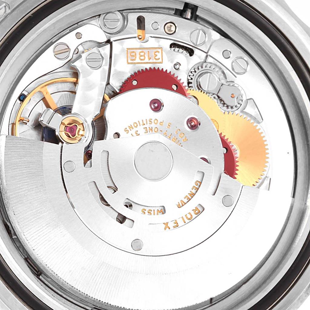 This image shows a close-up view of the open case back, revealing the intricate movement of a Rolex Explorer 16570 Men's Stainless Steel White Dial 16570 Men's Stainless Steel White Dial model watch.