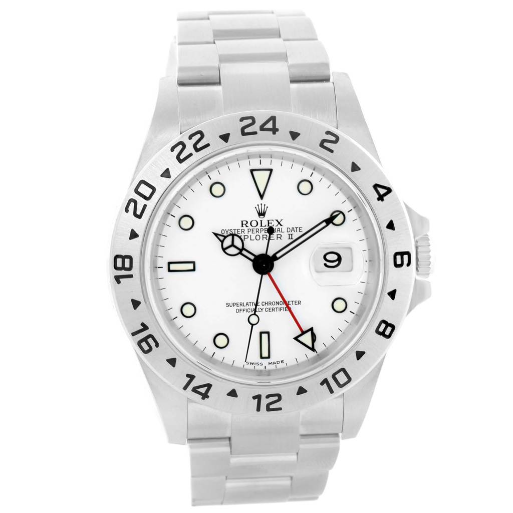 The Rolex Explorer 16570 Men's Stainless Steel White Dial 16570 Men's Stainless Steel White Dial watch is shown from a front angle, displaying the dial, bezel, and bracelet.