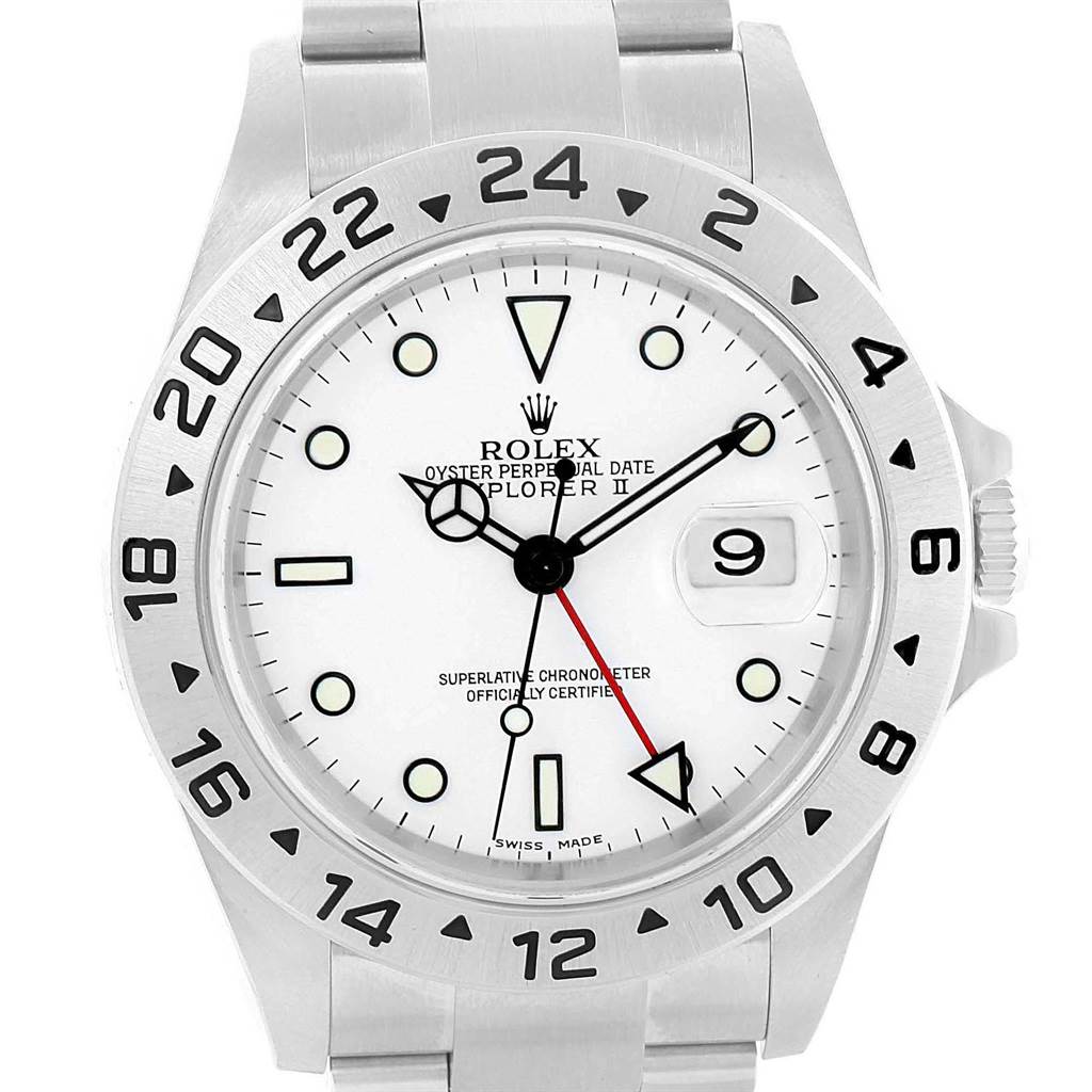 The image shows a front view of the Rolex Explorer 16570 Men's Stainless Steel White Dial 16570 Men's Stainless Steel White Dial watch, highlighting the dial, hands, bezel, and crown.