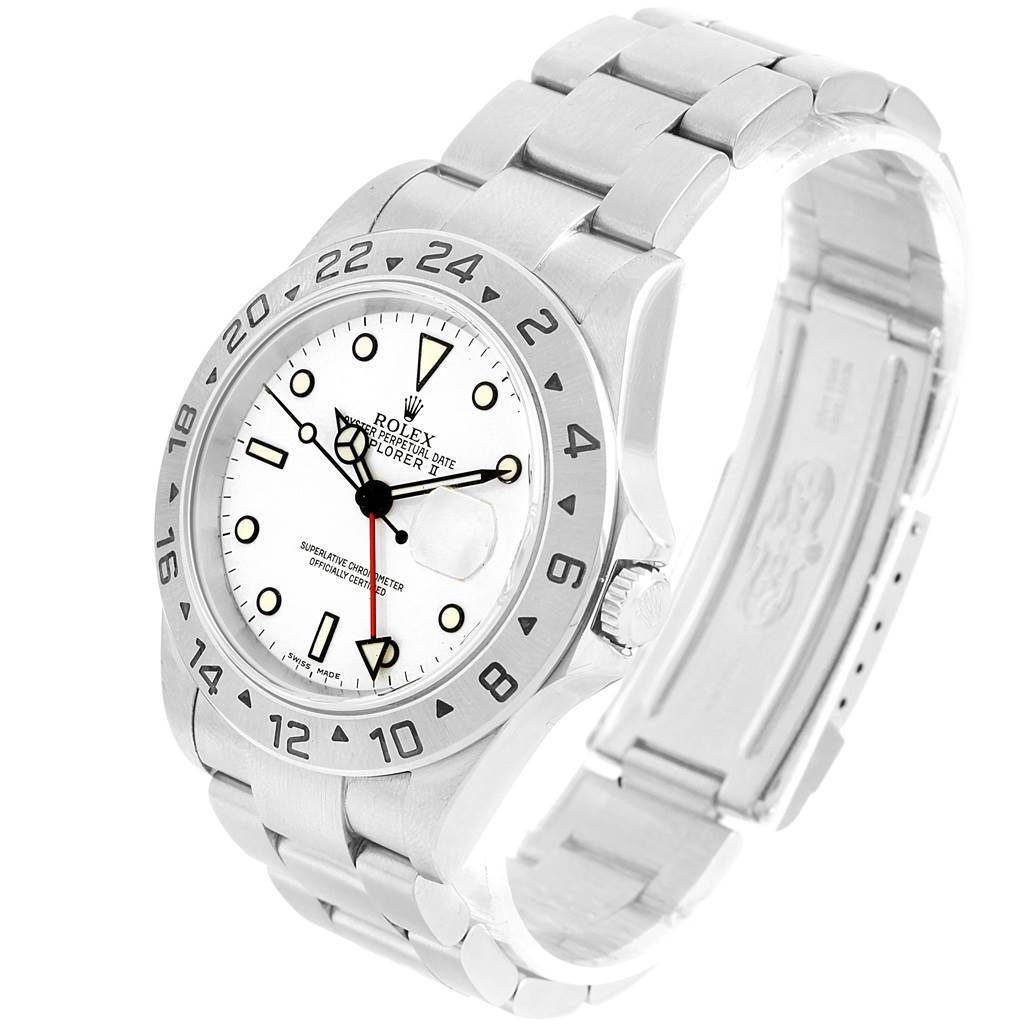 This image shows a Rolex Explorer 16570 Men's Stainless Steel White Dial 16570 Men's Stainless Steel White Dial watch from a front angle, highlighting its face, bezel, and stainless steel bracelet.