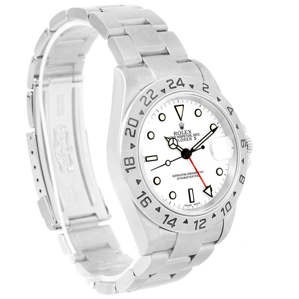 This Rolex Explorer 16570 Men's Stainless Steel White Dial 16570 Men's Stainless Steel White Dial watch is shown at a slight side angle, displaying its face, bracelet, and clasp.