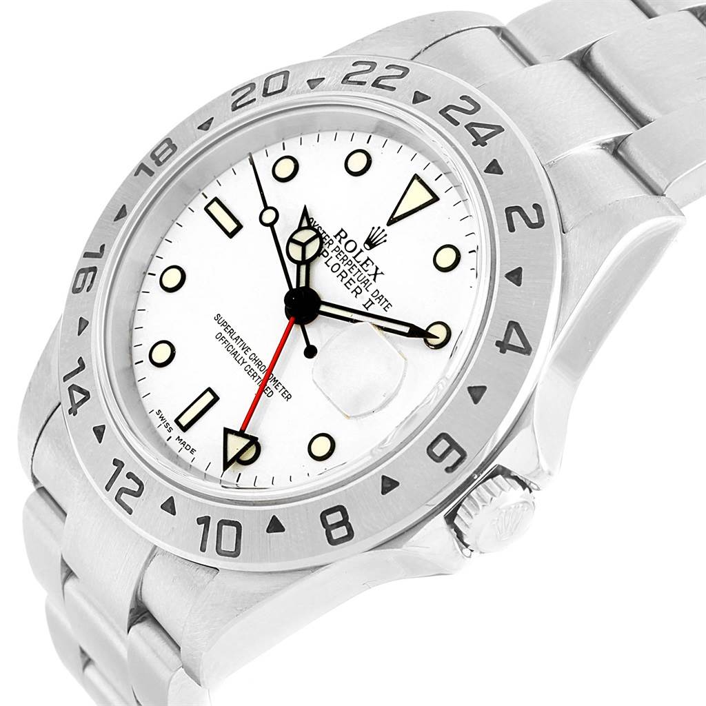 The image shows a Rolex Explorer 16570 Men's Stainless Steel White Dial 16570 Men's Stainless Steel White Dial watch at an oblique angle, highlighting its dial, bezel, and partial bracelet.