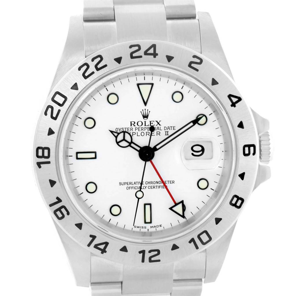 The image shows a front-facing view of a Rolex Explorer 16570 Men's Stainless Steel White Dial 16570 Men's Stainless Steel White Dial watch featuring a white dial, date window, and a stainless steel bracelet.