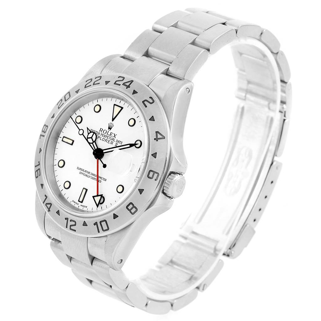 The Rolex Explorer 16570 Men's Stainless Steel White Dial 16570 Men's Stainless Steel White Dial watch is shown at a three-quarter angle, displaying the dial, bezel, and bracelet.