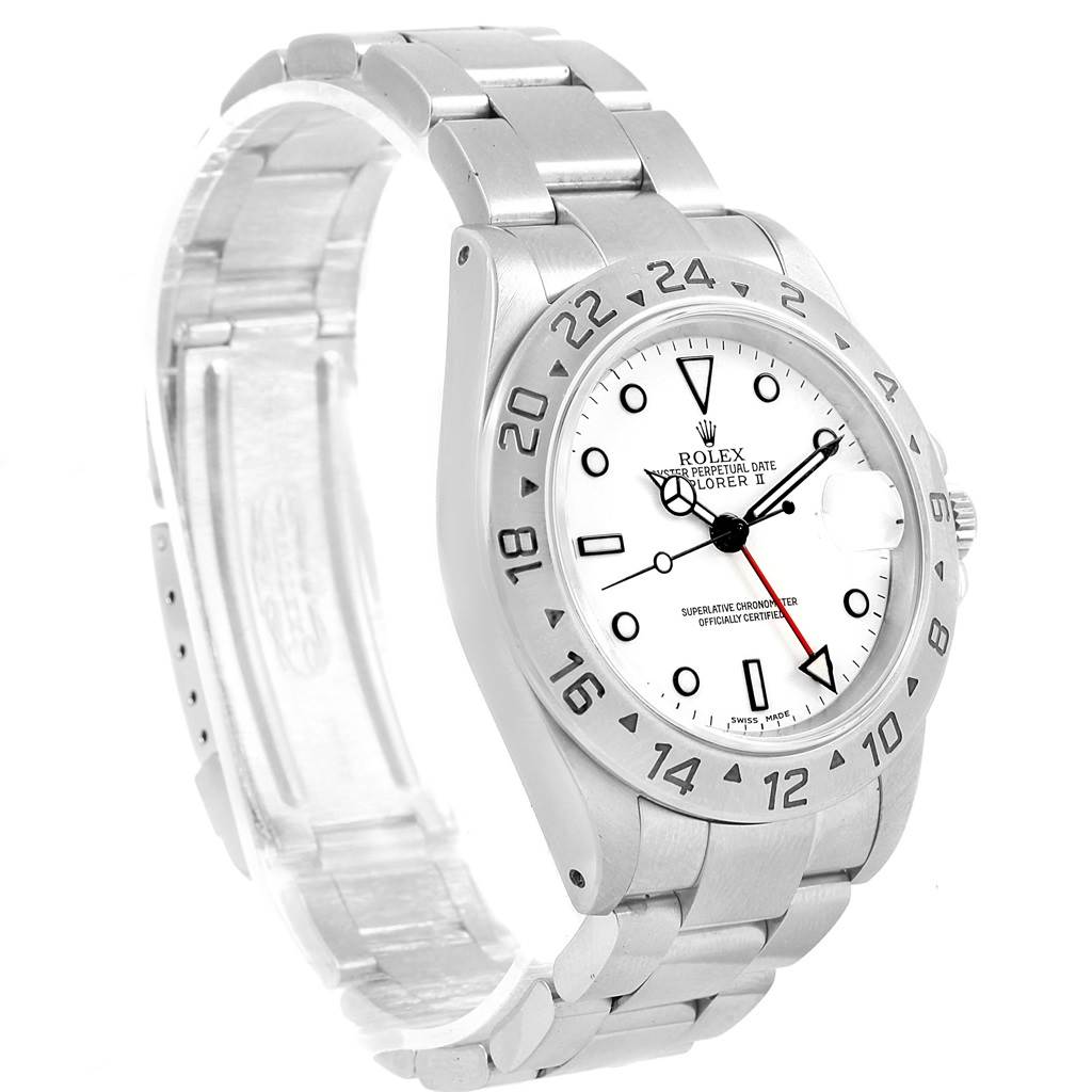 This image shows a three-quarter view of the Rolex Explorer 16570 Men's Stainless Steel White Dial 16570 Men's Stainless Steel White Dial watch, highlighting its face, bezel, and bracelet.