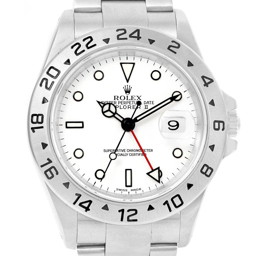 The image shows a front view of a Rolex Explorer 16570 Men's Stainless Steel White Dial 16570 Men's Stainless Steel White Dial watch, highlighting the face, bezel, and part of the bracelet.