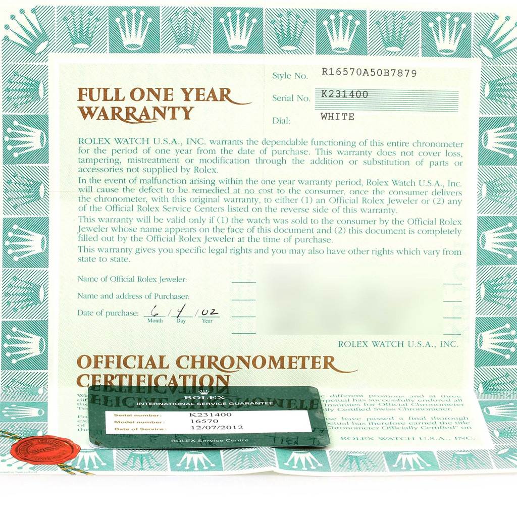 The image shows a warranty certificate for a Rolex Explorer 16570 Men's Stainless Steel White Dial 16570 Men's Stainless Steel White Dial with model number R16570 and serial number K231400.