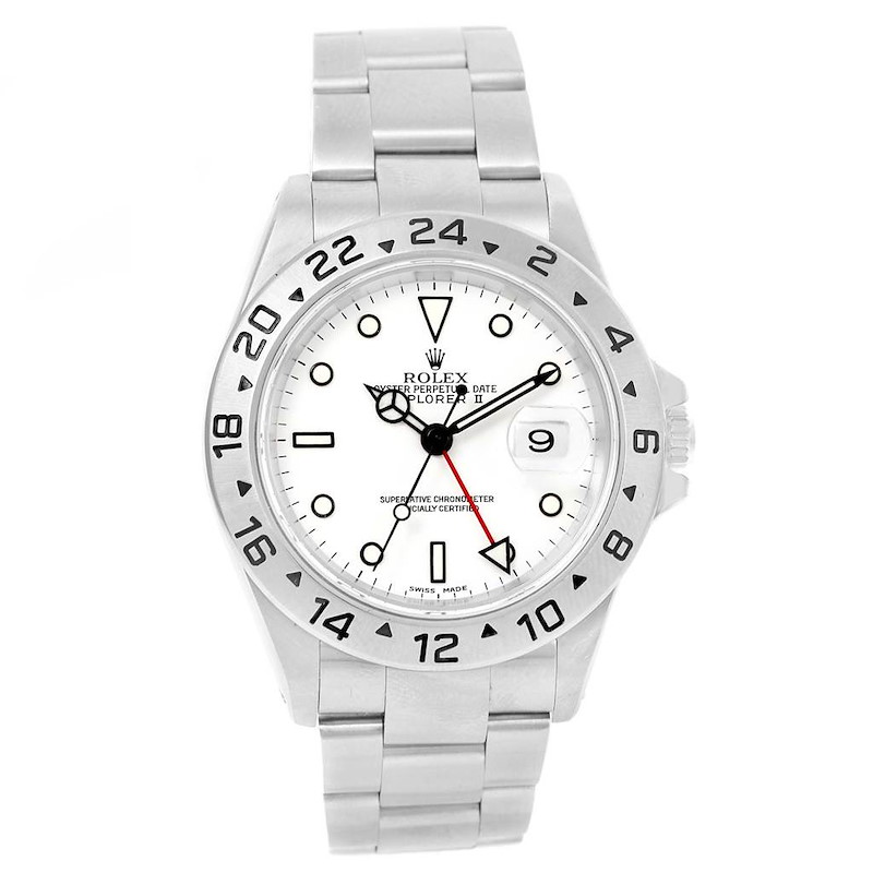 The image shows a front view of a Rolex Explorer 16570 Men's Stainless Steel White Dial 16570 Men's Stainless Steel White Dial watch, displaying its face, bezel, and bracelet.