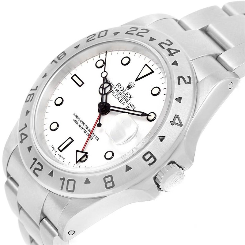 The image displays a close-up, angled view of the face and bracelet of a Rolex Explorer 16570 Men's Stainless Steel White Dial 16570 Men's Stainless Steel White Dial model watch.