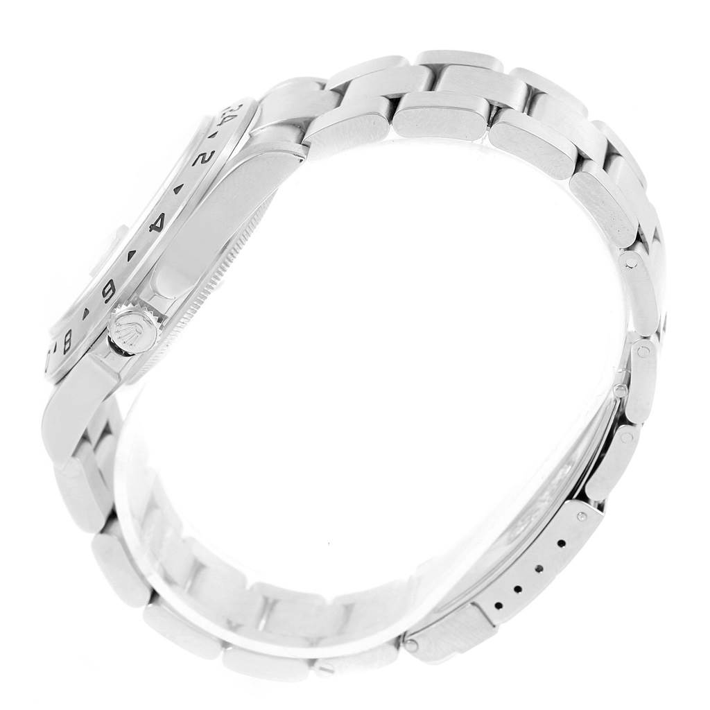 The image shows a side view of the Rolex Explorer 16570 Men's Stainless Steel Black Dial 16570 Men's Stainless Steel Black Dial watch, highlighting its bracelet, bezel, and crown.