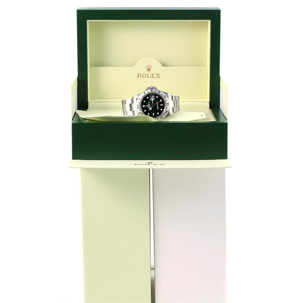 The image shows a Rolex Explorer 16570 Men's Stainless Steel Black Dial 16570 Men's Stainless Steel Black Dial watch positioned in its open display box at a slightly elevated angle.
