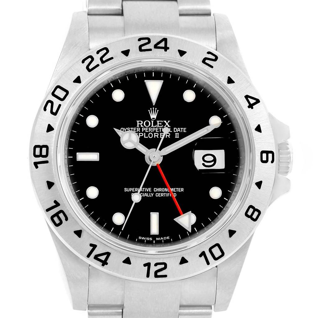 The Rolex Explorer 16570 Men's Stainless Steel Black Dial 16570 Men's Stainless Steel Black Dial watch is shown from the front, featuring its dial, bezel, crown, and part of the bracelet.