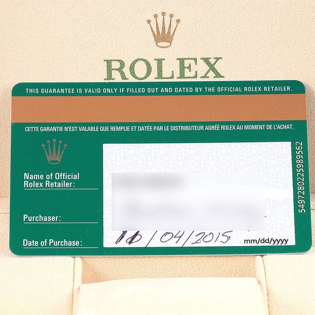 The image shows the guarantee card for the Rolex Explorer 214270 Men's Stainless Steel Black Dial 214270 Men's Stainless Steel Black Dial model, indicating purchase and retailer details.