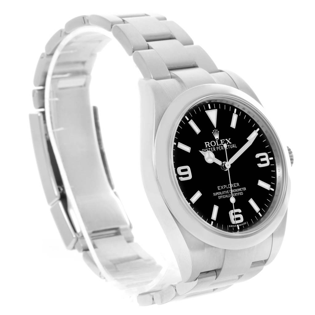 The image shows a side angle of a Rolex Explorer 214270 Men's Stainless Steel Black Dial 214270 Men's Stainless Steel Black Dial watch, highlighting its face, bezel, and metal bracelet.